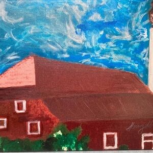 Expressive Red and Blue Barn Painting Art. Print from painting